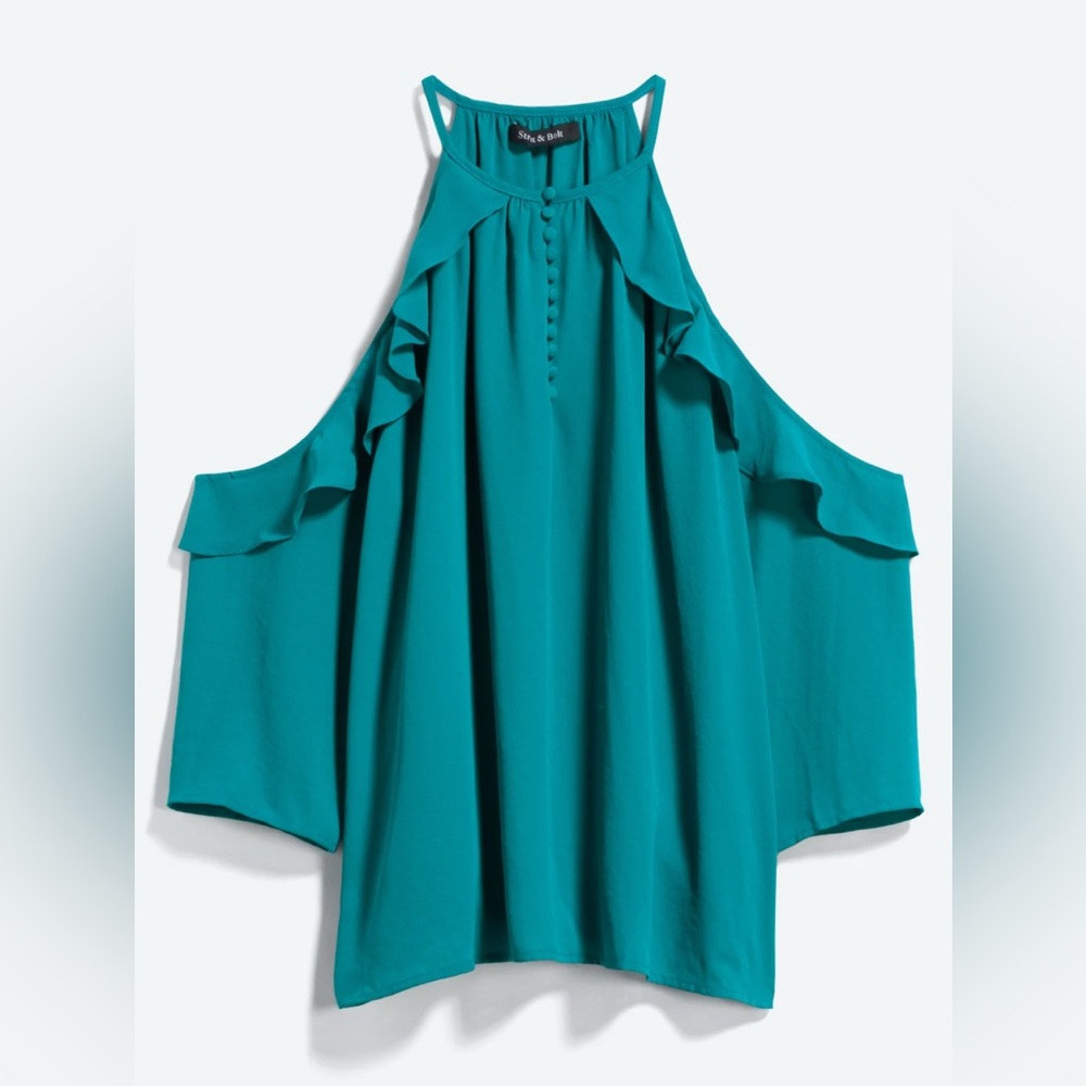 [Strut & Bolt] Parson Teal Green Ruffle Detail Cold Shoulder Blouse